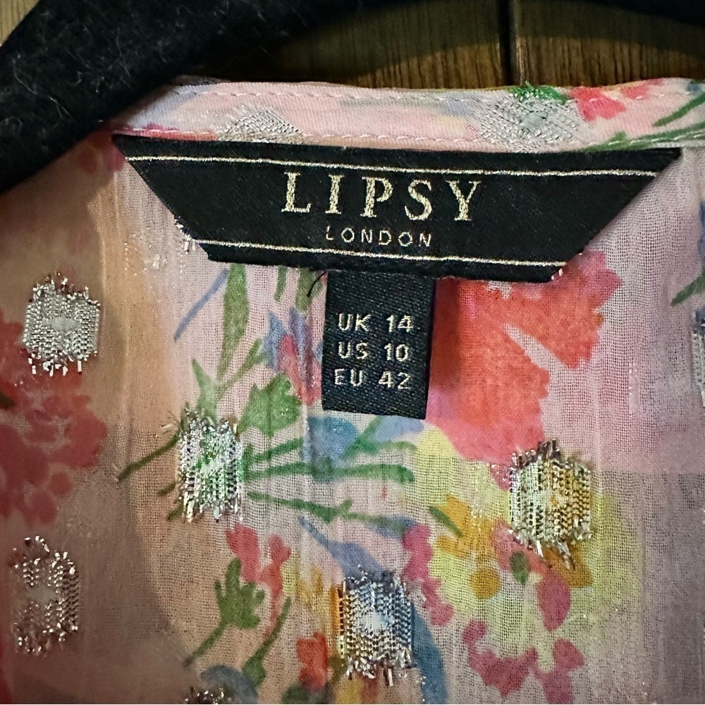 Lipsy Button-Front Multicolour Metallic Floral Top Boho Cottagecore Size 10 - Picture 11 of 14